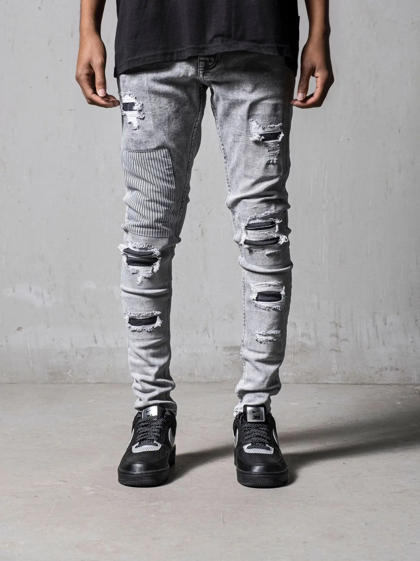 Grey Staight Jeans RIipped Patchwork Jeans Hight Quality Men Denim Pants Fashion Designer Brand Hip Hop Clothing Male 2023 New