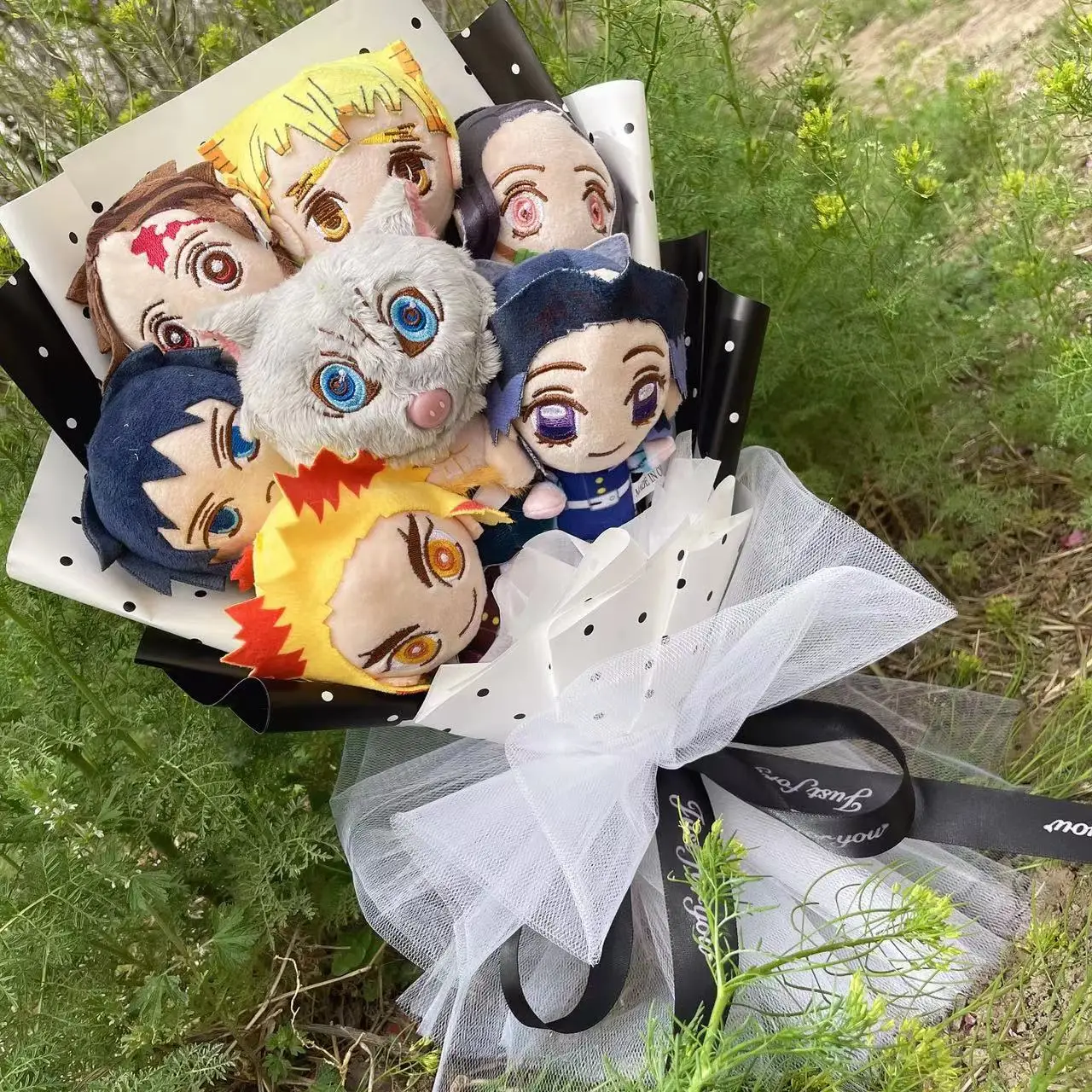 Anime Demon Slayer Kimetsu No Yaiba Nezuko Tanjirou Douma Makomo Kochou Shinobu Figure Plush Dolls Creative Flower Bouquets