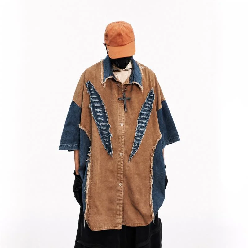 HKSH Summer New Men Tide Chic Ins Punk Patchwork Shirts Hip-hop Retro Loose Short-Sleeve Trendy Vintage Denim Shirts Y2K HK25423