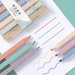 6Pcs/Set Morandi Color Highlighter Marker Pen Double-Head Highlighter Pens Stationery Items Back to School Supplies Girls Gift
