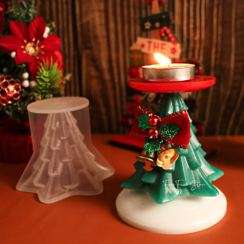 3D Cute Christmas Tree Candlestick Silicone Mold Handmade Plaster Resin Drop Glue Mold Christmas Tabletop Decoration Making Tool