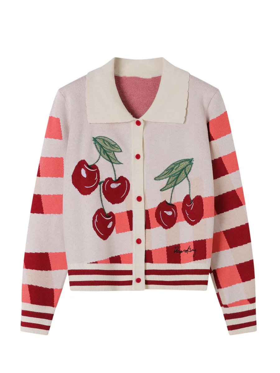 

Vintage Striped Cherry Embroidered Knitted Cardigan Women Autumn Winter Long Sleeve Turn-down Collar Short Sweater Knitwear Tops