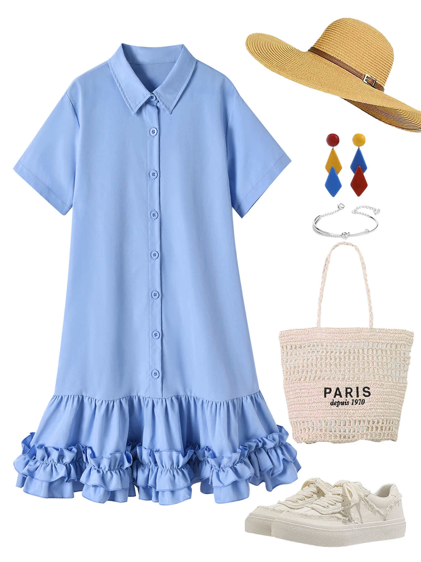 

Весенне-летнее платье для девочек в милом стиле с воротником-стойкой, на пуговицах, с синим кружевным подолом и короткими рукавами