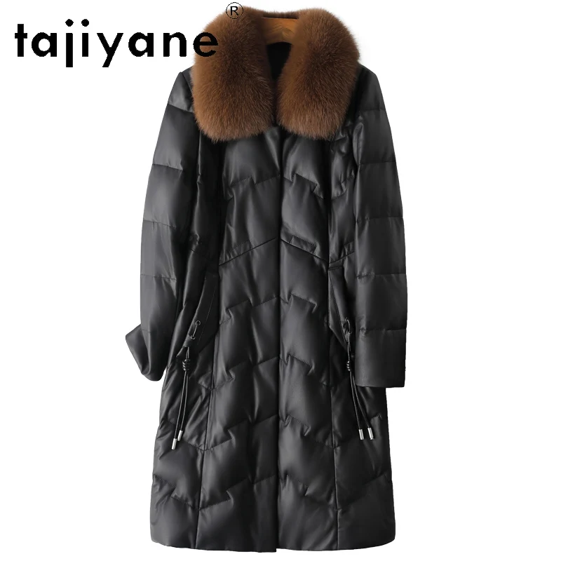 TAJIYANE 100% معطف من جلد الغنم عالي الحبوب أسود طويل من الجلد الحقيقي سترة منفوخة للنساء مع ياقة من فرو الثعلب ملابس شتوية 2025