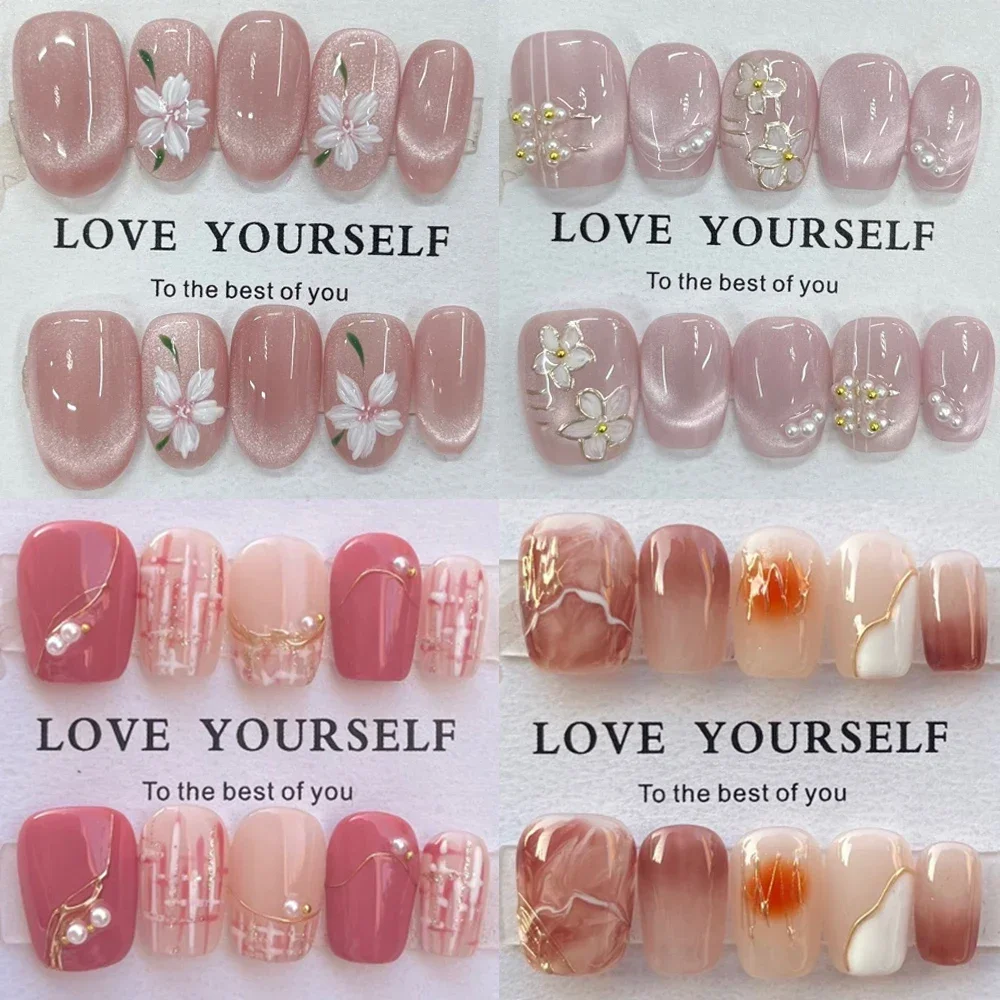 

10Pcs Cute Short Square Oval Full Cover False Nails Hand-Painted Flower Gradients Cat Eyes Pearl Wearable Artificial False Nails