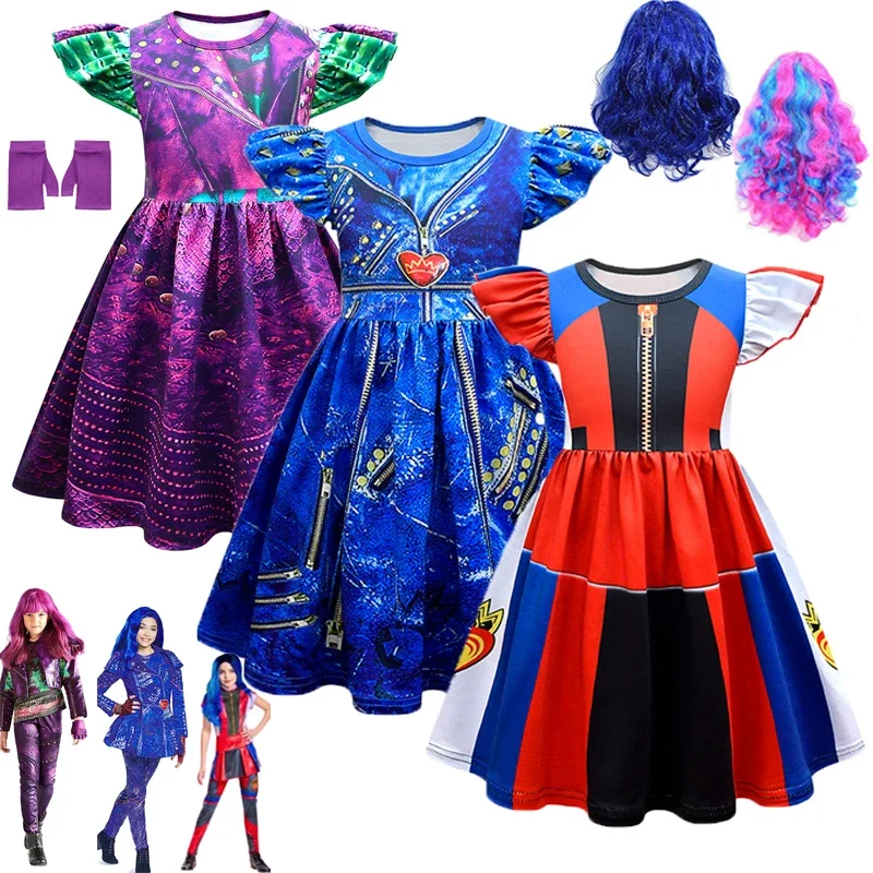Disfraces de Descendientes 3 Mal para niñas, disfraz de Evie, vestidos cortos de verano para niños, vestido de fiesta de cumpleaños y Halloween para niñas