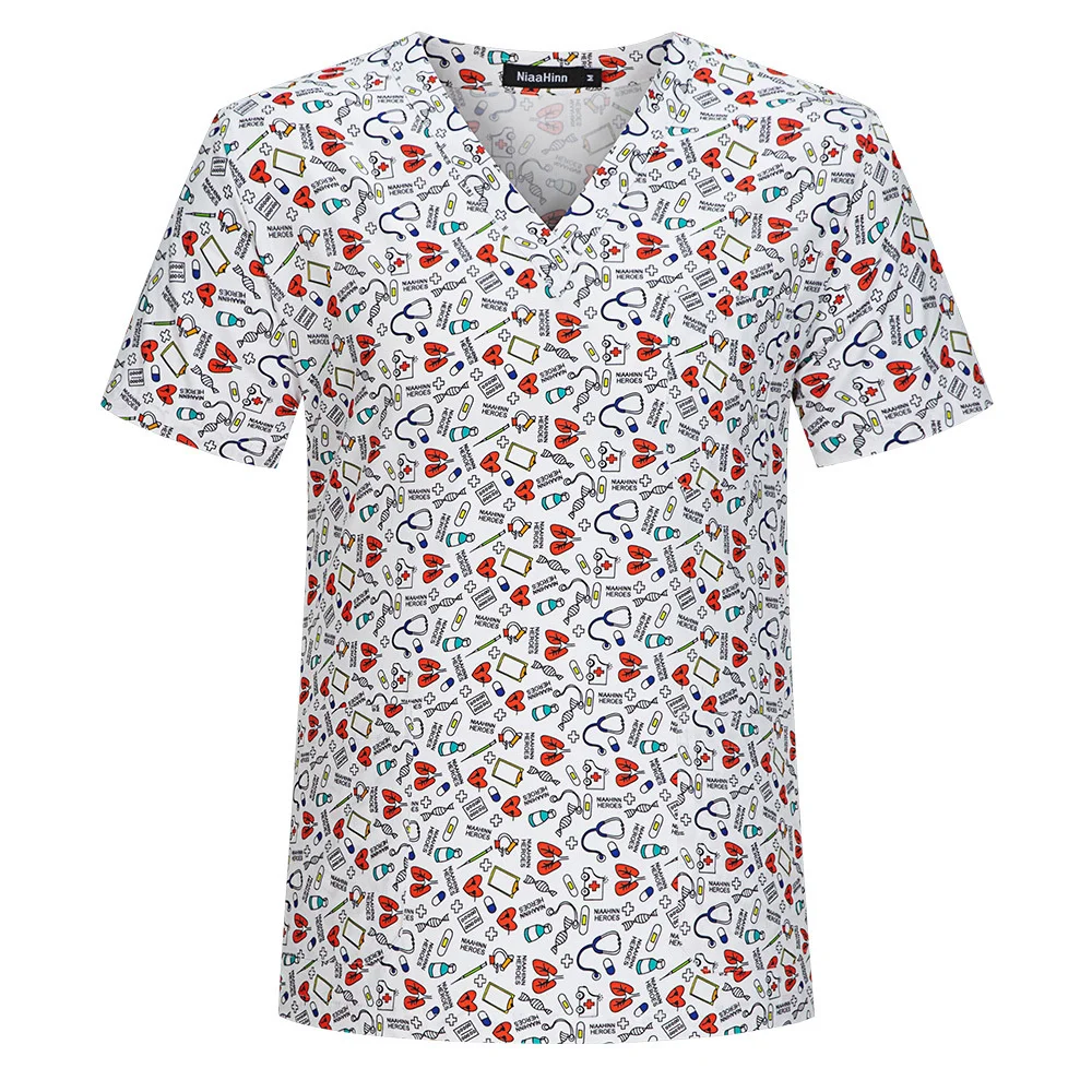 2023 Women Nurse 100% Cotton Casual Cartoon Animal Floral Print Short Sleeve V-neck Top Nursing Clinical Uniform T-shirt