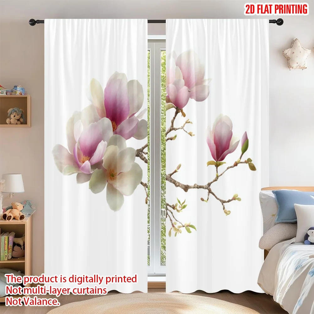 

2D flat printing 2pcs Curtain Window Drapes Spring Magnolia Blossom Digital Printed Polyester Drapes Festive Wall Decor for Home