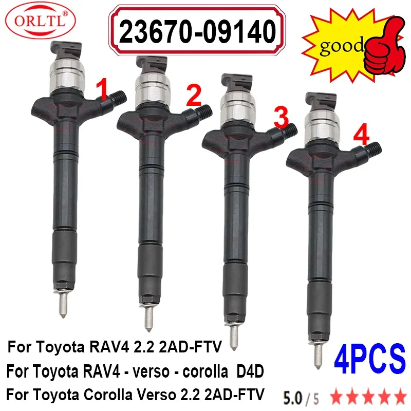 4PCS NEW 23670-09140 Original Injector 2367009140 23670 09140 For Toyota Corolla Verso/RAV4  2.2 2AD-FTV High Quality Inject