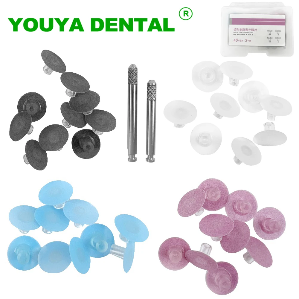 40pcs Dental Polishing Discs + 2pcs Mandrel Dentistry Composite Finishing Polishing Stem Discs Kits Teeth Whitening Dentist Tool