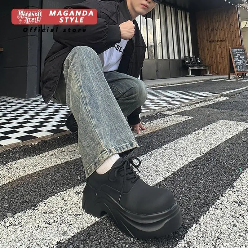 Original leather shoes men's thick sole with 7CM height increase design Derbies black new lace up matte commuting workwear shoes