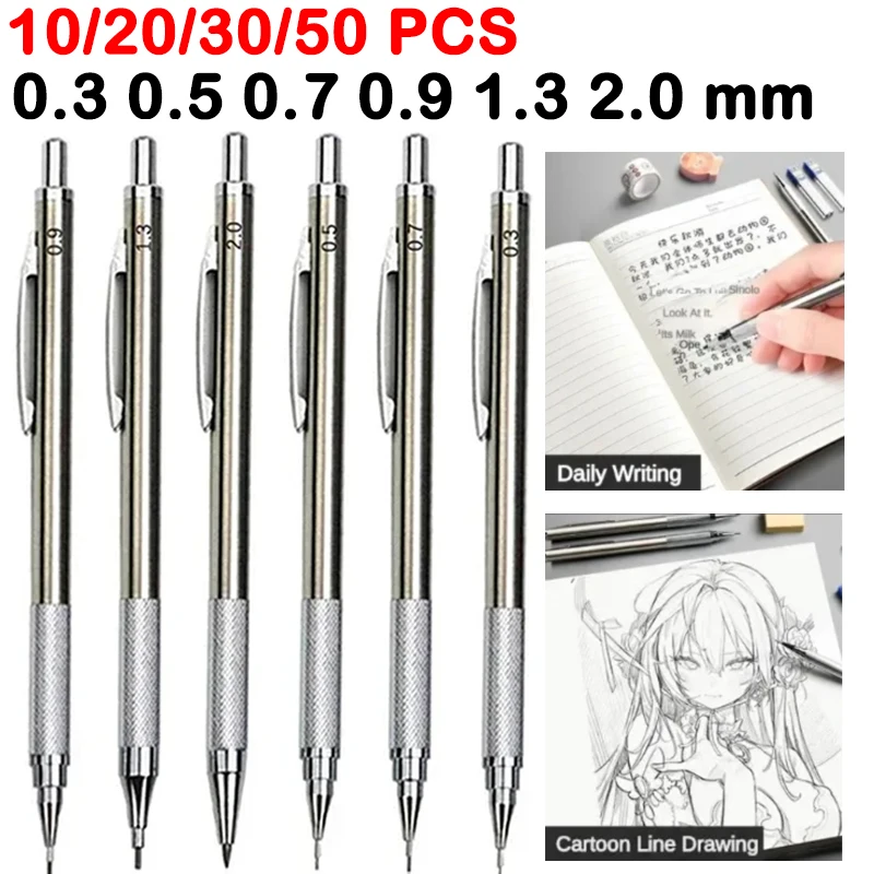 

10/50 PCS Metal Mechanical Pencil 0.3/0.5/0.7/0.9/1.3/2.0mm Drawing Automatic HB Pencil Office School Art Supplies Stationary