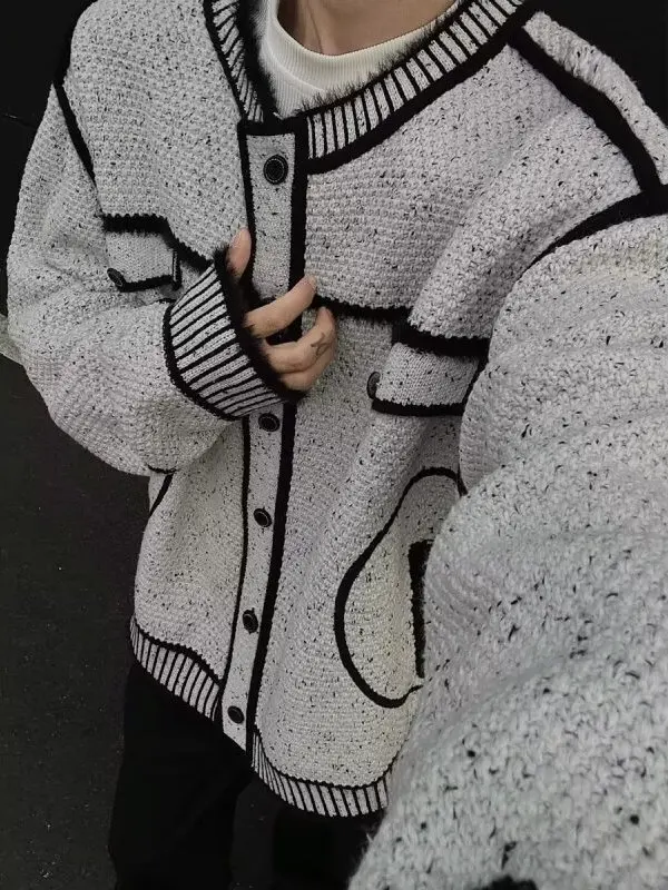 

Контрастный вязаный свитер-кардиган с длинными рукавами, свободный повседневный крой, круглый вырез, для мужчин и женщин, весна-осень, новинка, модный стиль