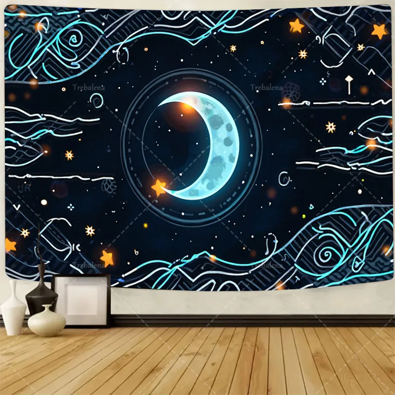 

1шт настенный гобелен светящийся гобелен в форме полумесяца с звездным ночным небом и абстрактным дизайном волн