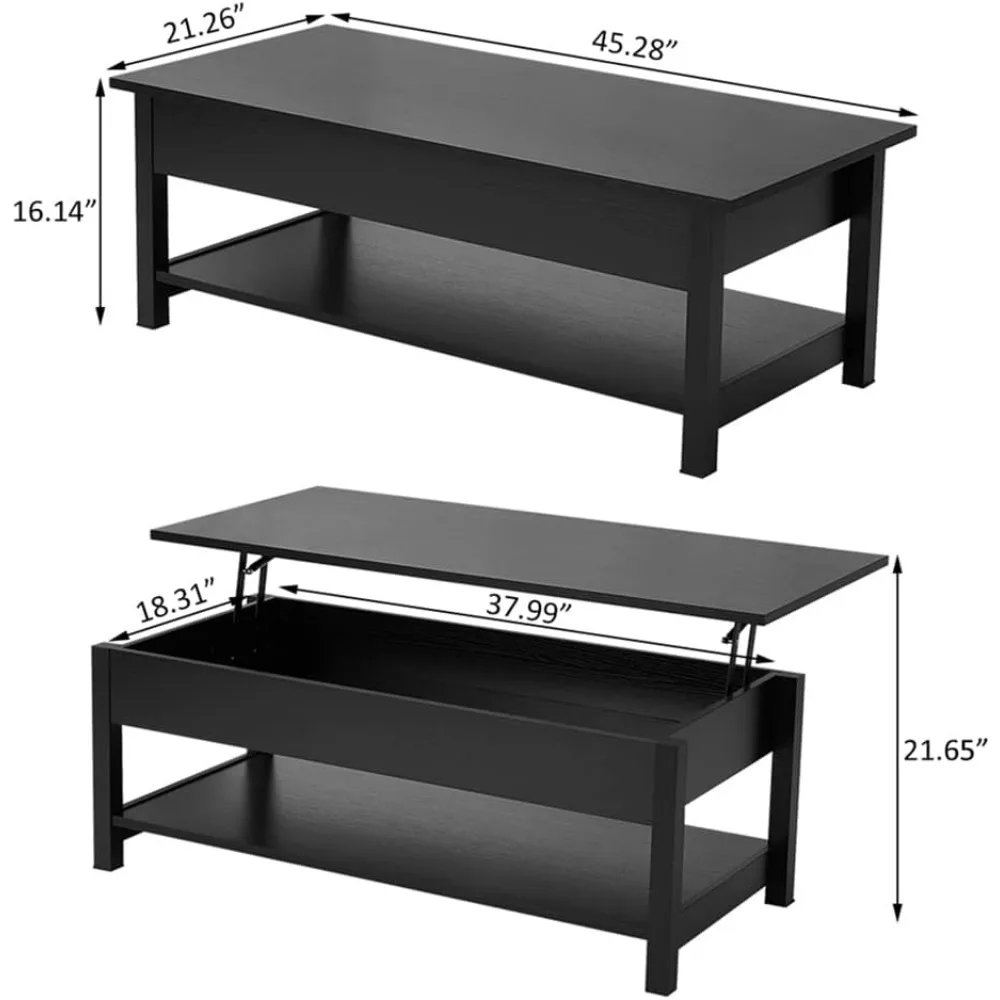 Levante a mesa de café superior com compartimento oculto e prateleira de armazenamento aberto, fazenda pop up mesa para viver preto