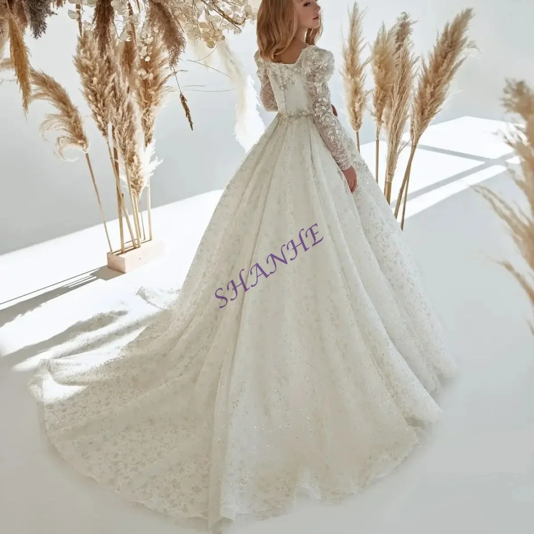 ชุดเดรสเด็กผู้หญิงงานแต่งงาน แขนยาว ประดับเลื่อมสวยงาม แต่งระบายฟูฟ่อง สำหรับงานเลี้ยงวันเกิด งานเต้นรำ หรืองานอื่นๆ