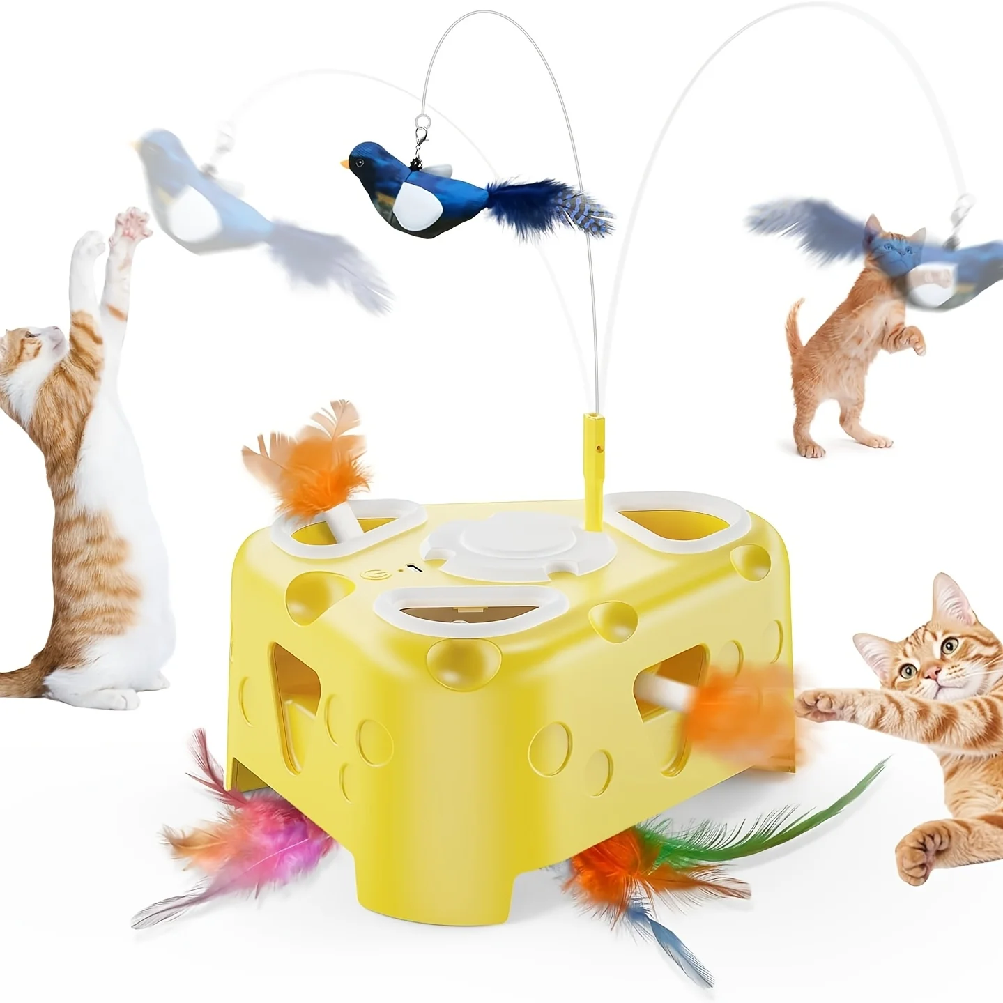 

Interactive Cat Toy for Indoor Cats, Enrichment Stimulation Kitten Toys, Flying Bird, 6 Holes Mole, Rotating Feather, USB Rechargeable Electronic Interactive Feather Toy for Bored Adult & Kitten Cats