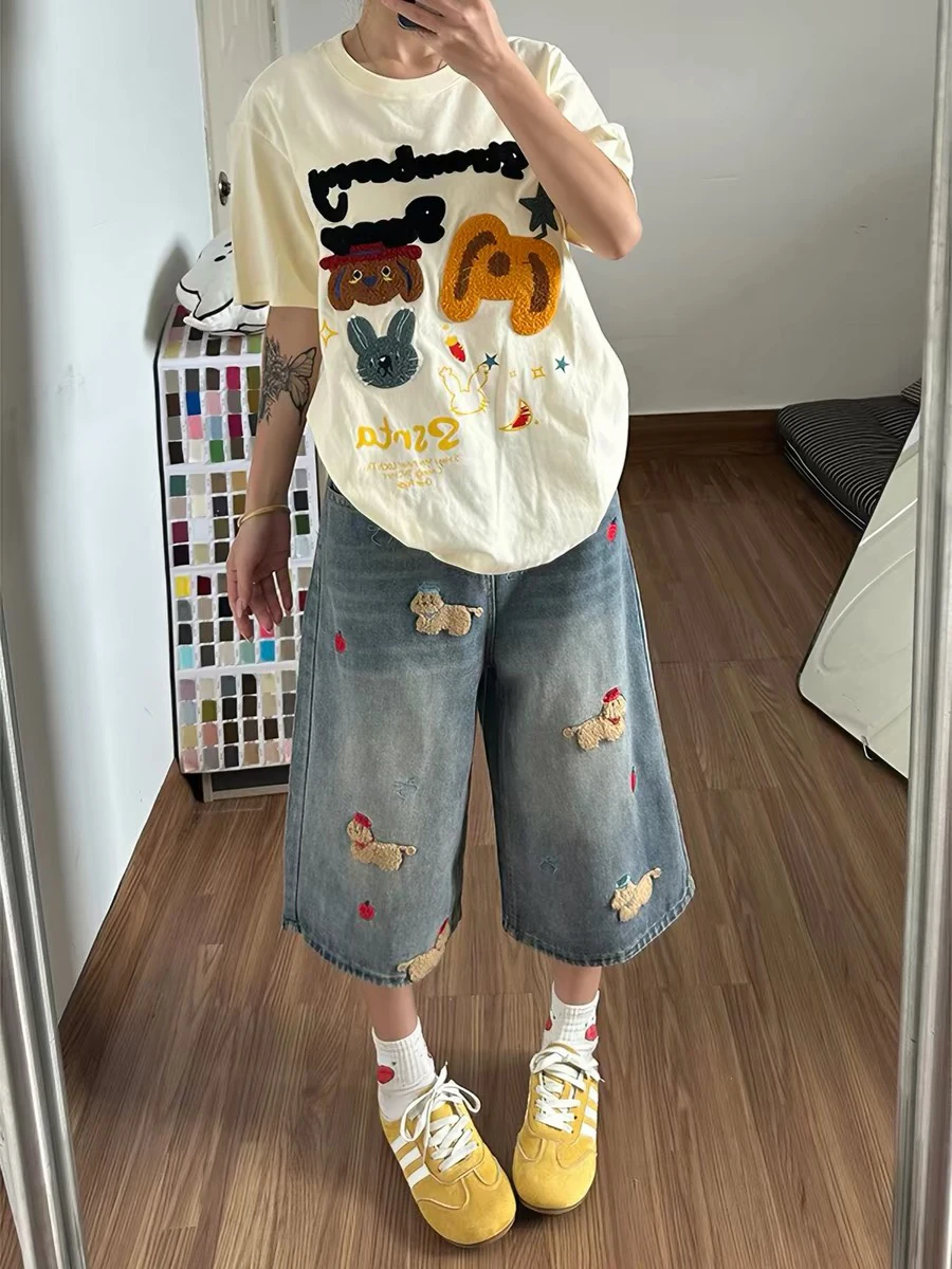 

High Waist Embroidered Denim Jeans Women's Summer plus Size Loose Straight Leg Wide Leg Mid-Length Pants American Retro Style