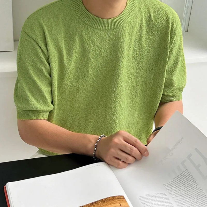 IEFB Simple Solid Color Knitted T-Shirt Men Casual Loose Round Collar Pullover Short Sleeve Top New Trend Summer 2024 9C6043