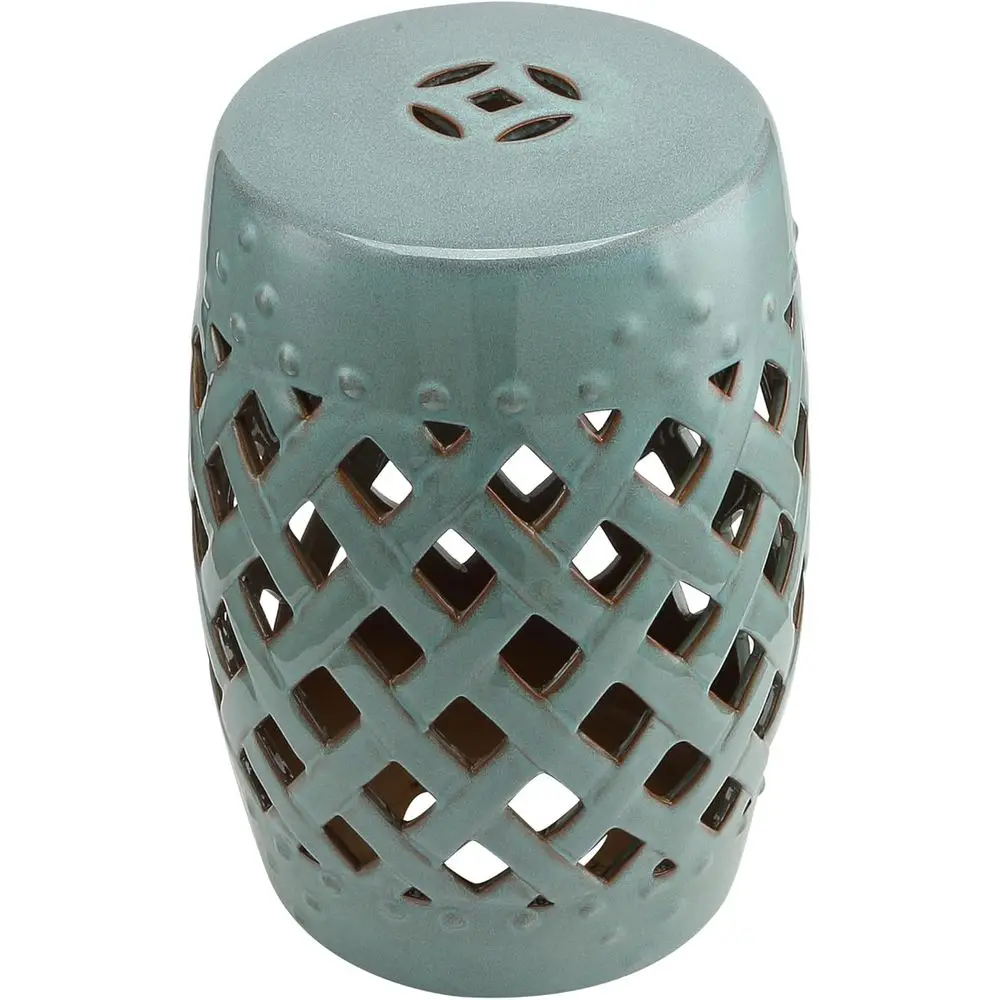 12 x 17 Decorative Outdoor Garden Stool with Woven Lattice and Antique Blue Glaze
