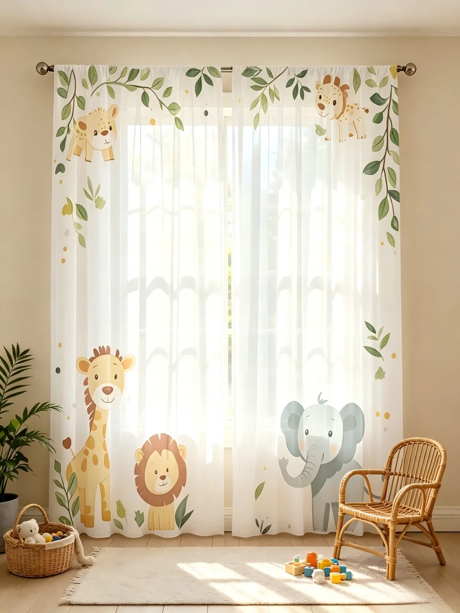 2PCS Digital Print Sheer Curtain, Forest Playground, Nature Woodland Fun - Voile Drapes for Home Bedroom Living Room Decor