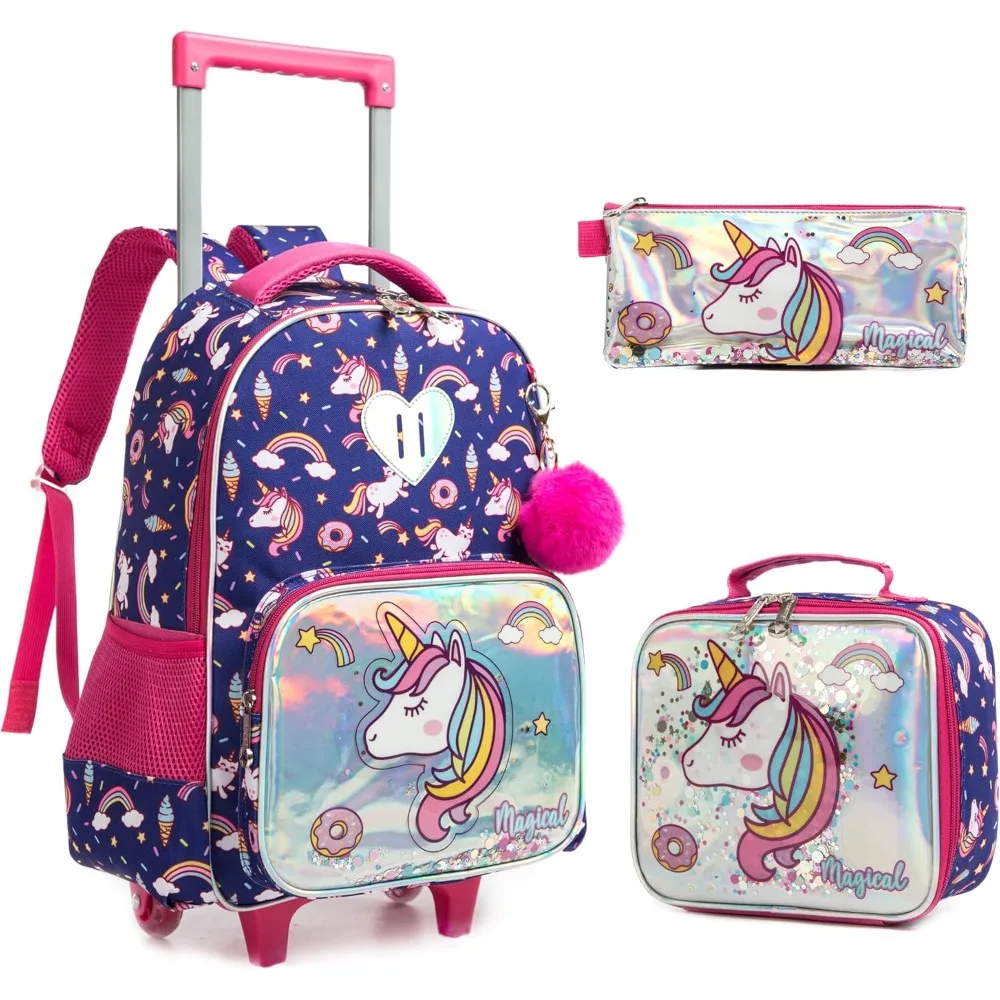

3PCS Rolling Backpack with Wheels Unicorn Roller Bag Wheeled Bookbag Set for Girls Kids Backpack with Lunch Bag Pencil Case