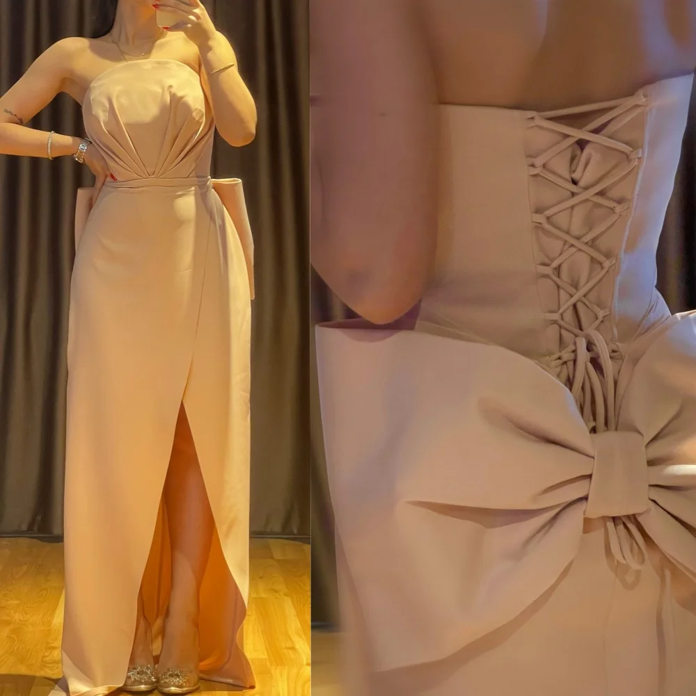 Chinese Style High Quality Jersey Bow Pleat Straight Strapless Long Dresses Prom Dresses Sizes Available Fashion Retro Pastrol