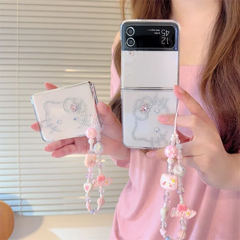 

Милый прозрачный чехол для телефона с блестками и бриллиантами Hello Kitty для Samsung Galaxy Z Flip 7 6 5 4 ZFlip7 ZFlip6, противоударный чехол с цепочкой на запястье