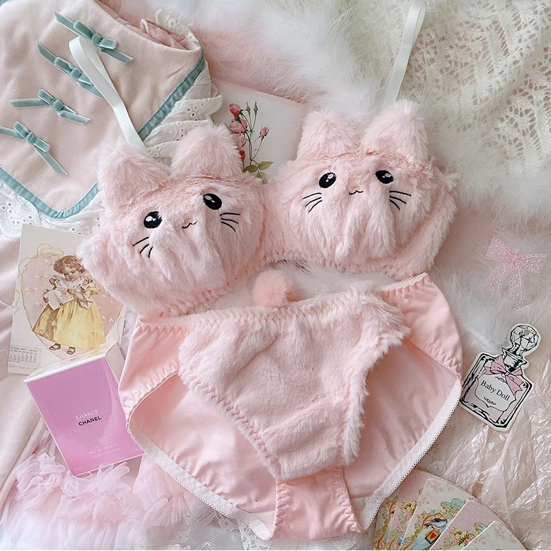 COZOK 2023 Kawaii Soft Plush Student Lingerie Cute Girl Women Cartoon Embroidery Cat Bra Sexy Pink and White No Steel Ring Set