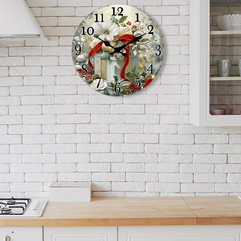1pc Silent Non-Ticking Wall Clock - Christmas Wreath Design with Red Berries, Holly Leaves Elegant Floral Decor for Living Room