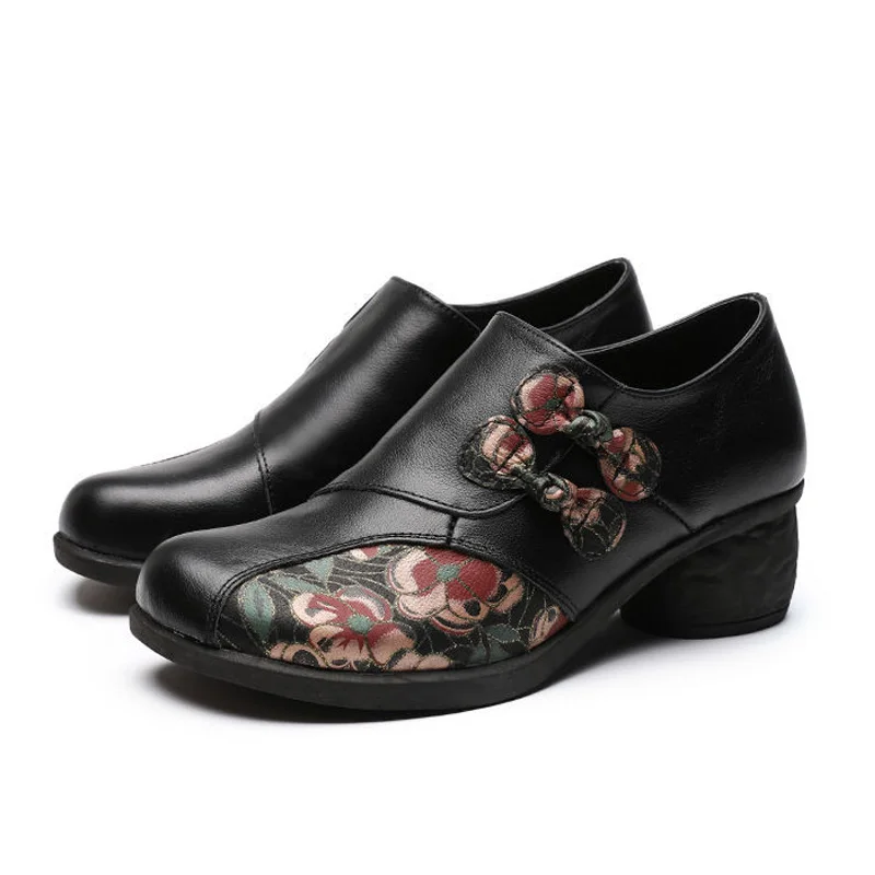 Cozy Retro Floral Low Heels Classic Pumps Women\'s Vintage Genuine Leather Shoes Ladies Handmade Bohemia Pumps Shoes Black Heels