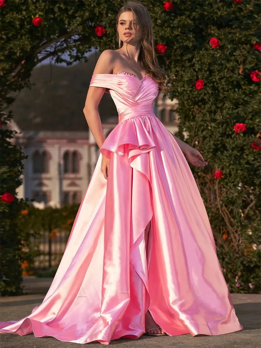 

Pink Beaded Slit Long Bespoke Occasion Gown Evening Dresses Prom Pastrol Unisex Jersey Retro Dubai Saudi Arabic Customized