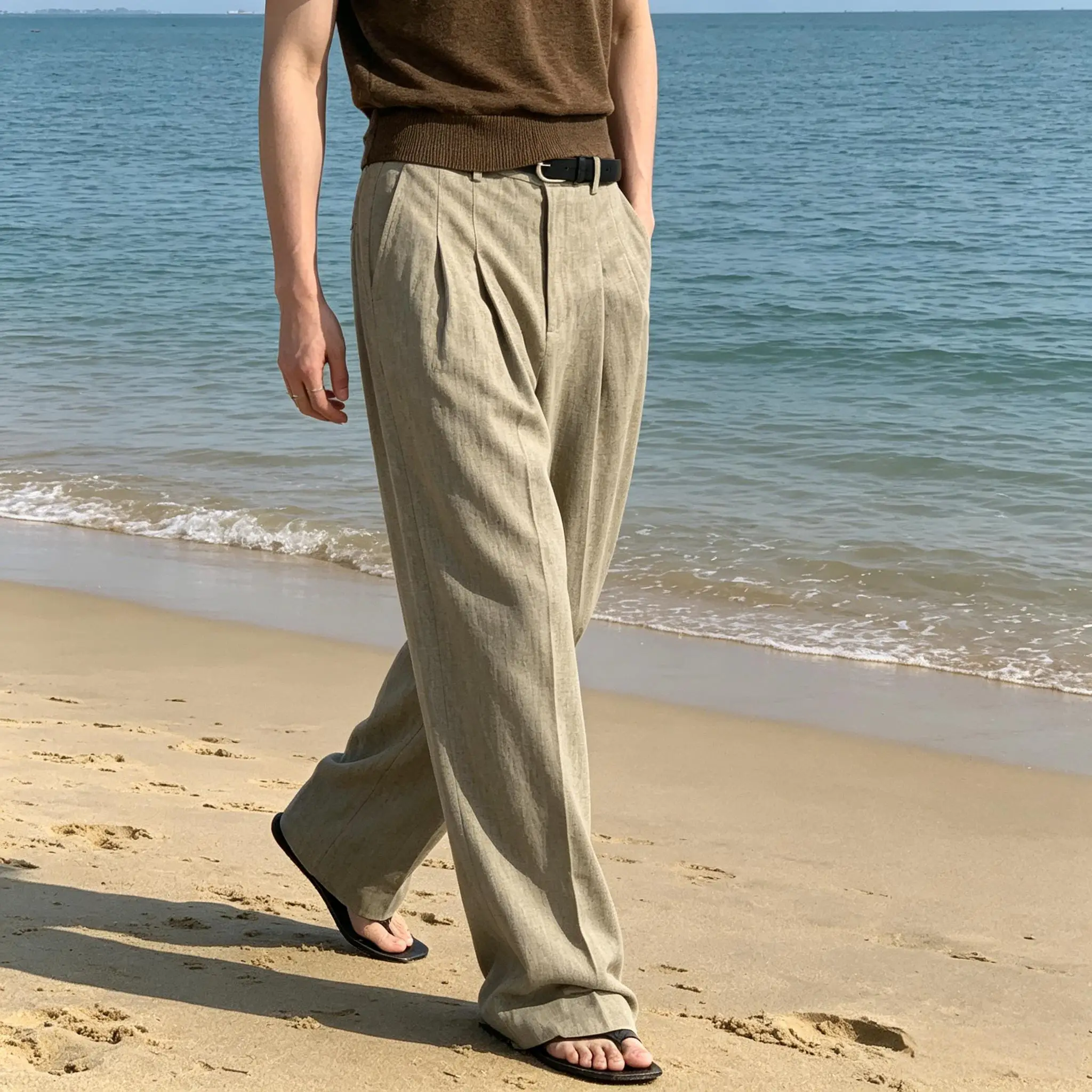 Men's Linen Wide Leg Pants High Waist Pleated Casual Trousers Breathable Loose Straight Suit Pants Streetwear image 2