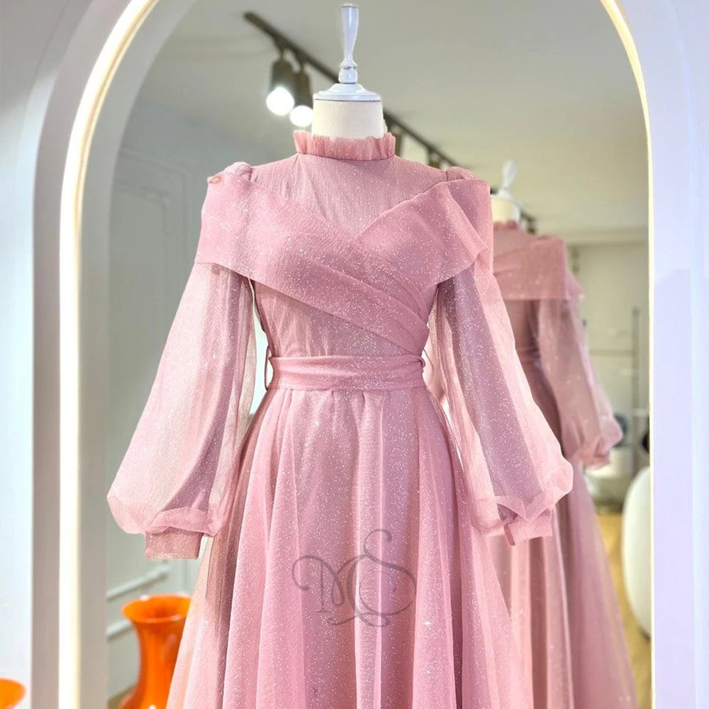 Pink Formal Evening Gowns For Women 2023 High Neck Puff Sleeves Prom Gowns With Belt Tulle A-Line Floor Length Robe De Soirée