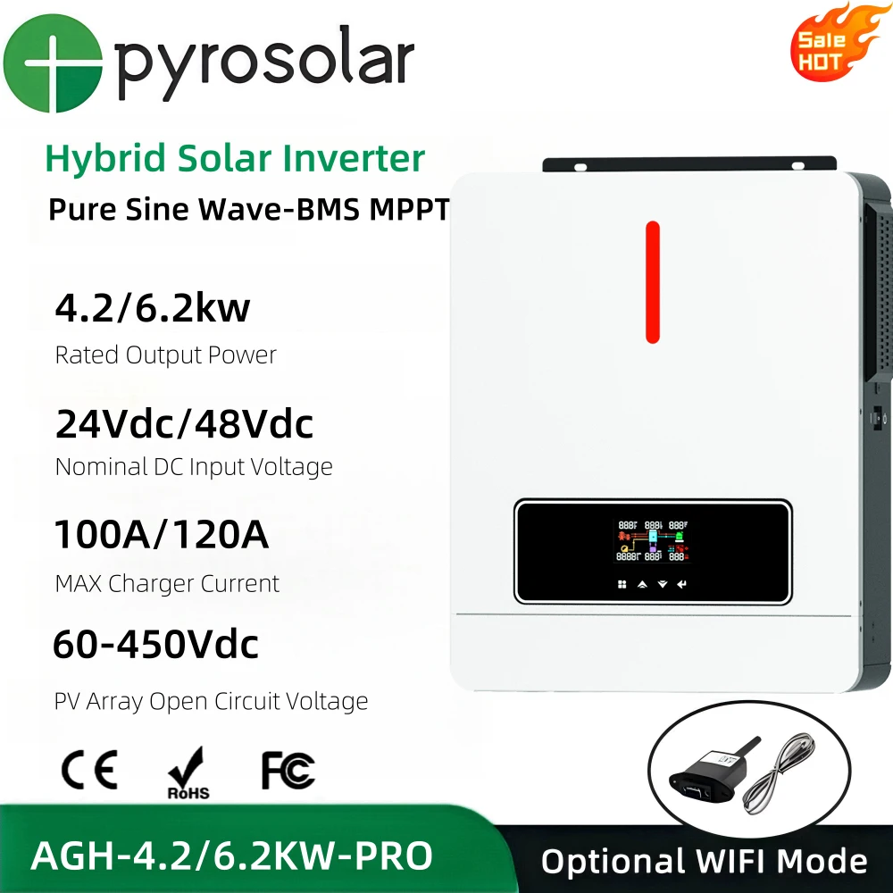 Pyrosolar 4.2KW 6.2KW Solar Hybrid Inverter 24vDC 48vDC AC 220V MPPT 120A Pure Sine Wave Dual Load Output Power Solar Inverter