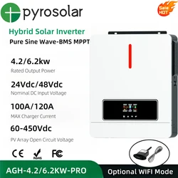 Pyrosolar 4.2KW 6.2KW Solar Hybrid Inverter 24vDC 48vDC AC 220V MPPT 120A Pure Sine Wave Dual Load Output Power Solar Inverter