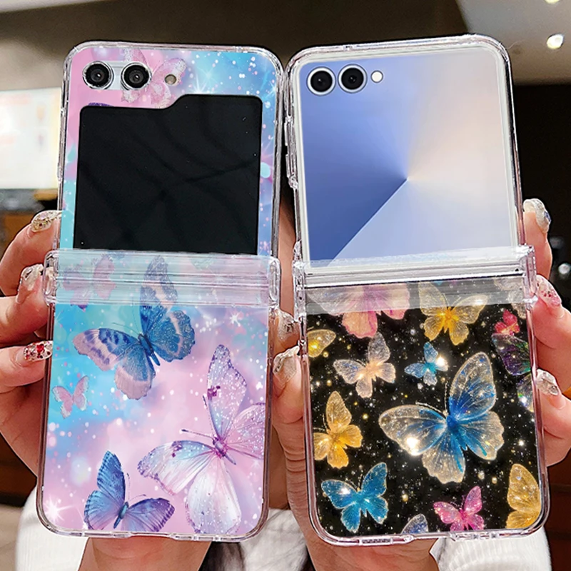 Farbige Handyhülle mit Schmetterlingsdruck für Samsung Galaxy Z Flip8 Flip7 FE Flip6 Flip5 Flip4 Flip3 5G, faltbare, harte, transparente Abdeckung