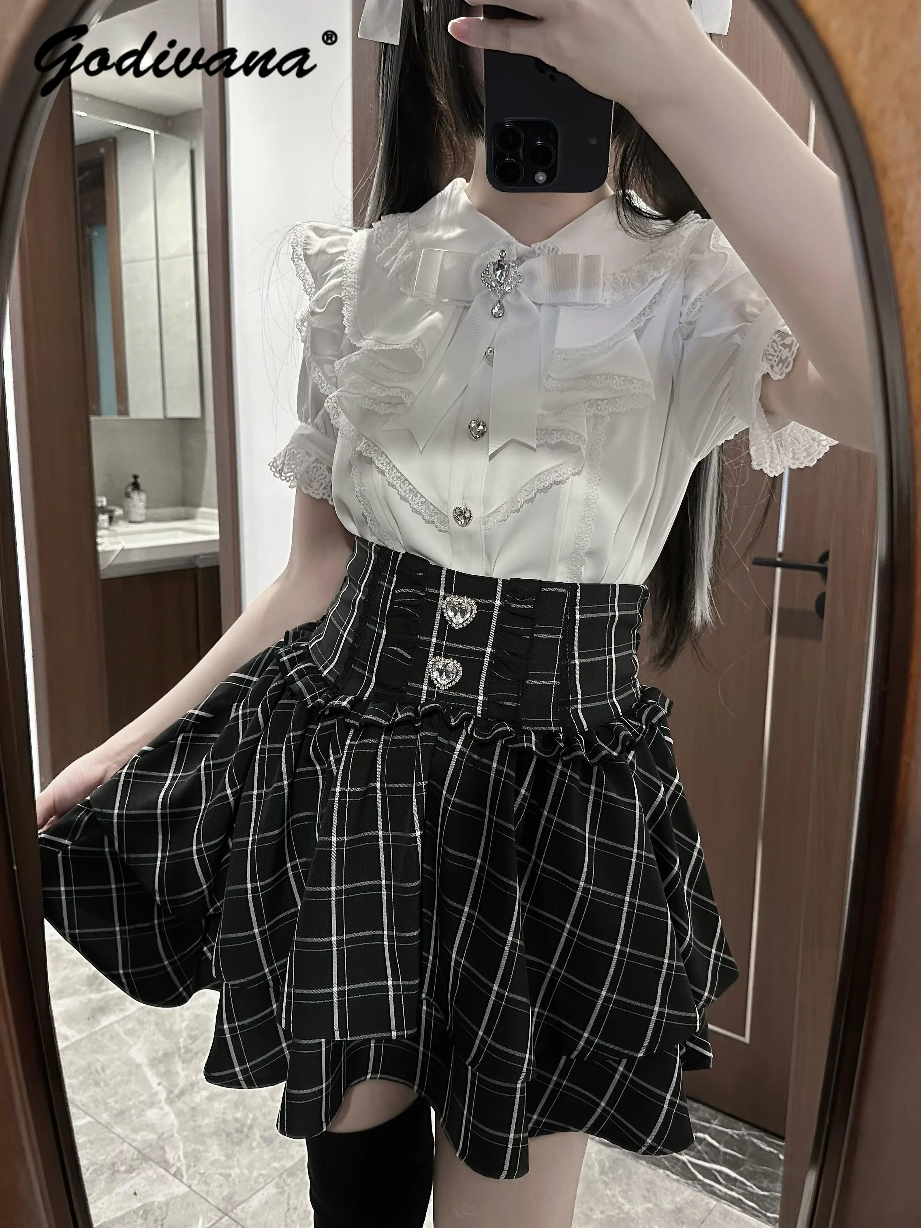 Original Japanese Mine Mass-produced Short Skirts Spring and Summer Girl Women's Rhienstone Button High Waist A-line Skirts