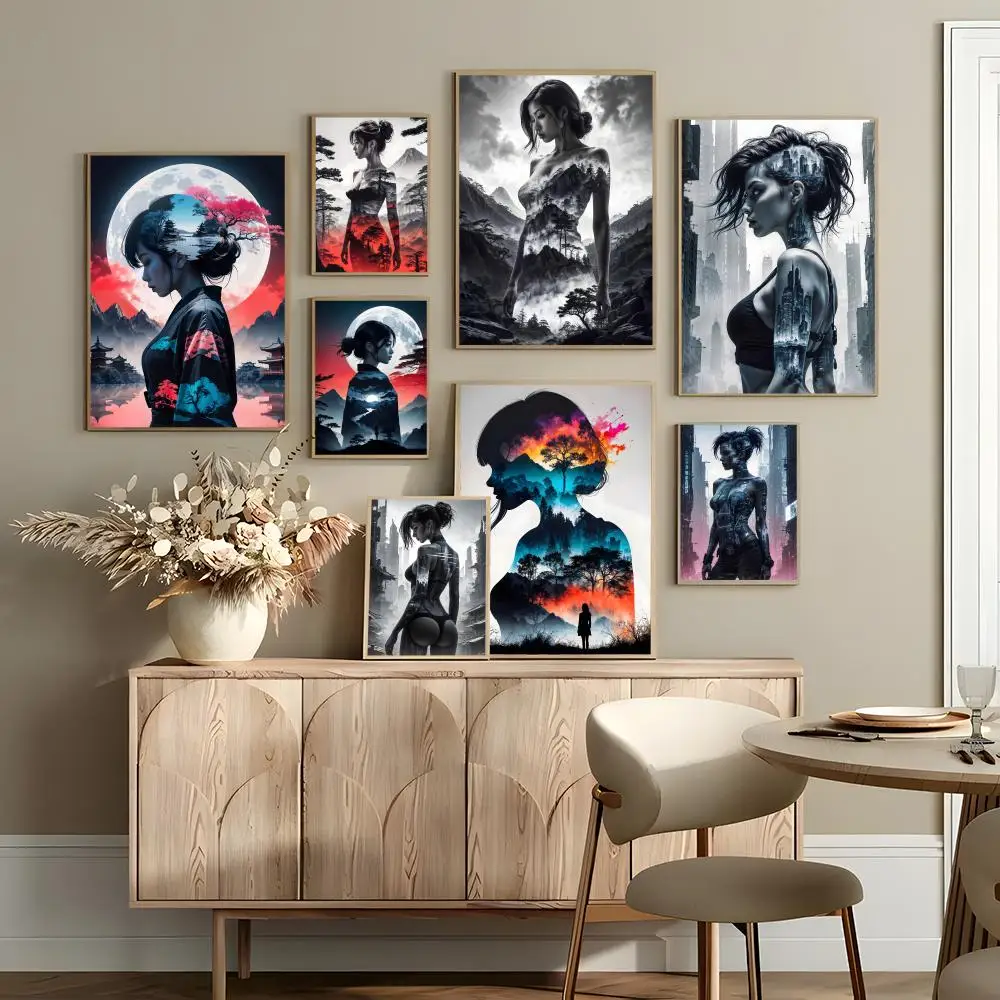 Sexy Cyberpunk City Girl Beautiful Woman Building Poster Sticker For Living Room Bedroom Bar Home Decor Mural Painting Decora