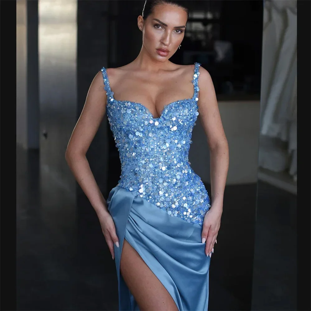 Customized Sexy 2024 Light Blue Mermaid Prom Dress With Spaghetti Straps And Side Slit Sparkling Sequin Satin Gown Fo