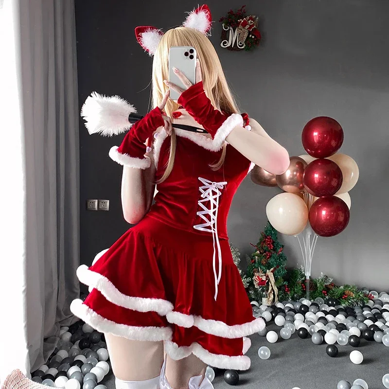 女性のためのクリスマスサンタクロースのコスプレ衣装,セクシーなランジェリー,かわいいベルベットのドレス,ケープ,ケープ,メイド,ウサギの女の子のユニフォーム