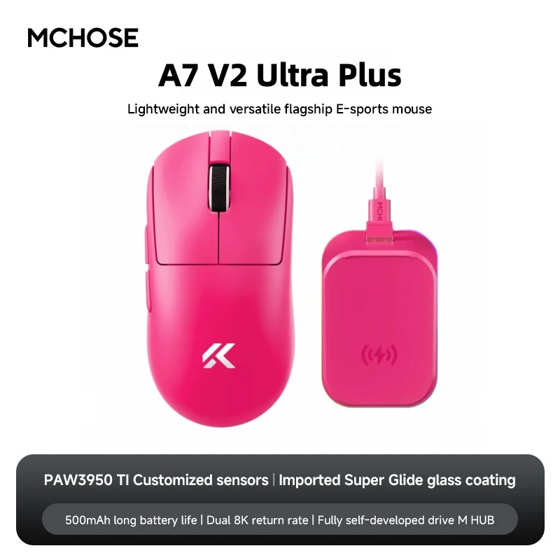 MCHOSE A7 V2 Ultra Gaming Muis PAW3950 TI Sensor Dual 8000Hz 20000fps 42000DPI 750IPS Geïmporteerde Super Glide Glas Coating CSGO