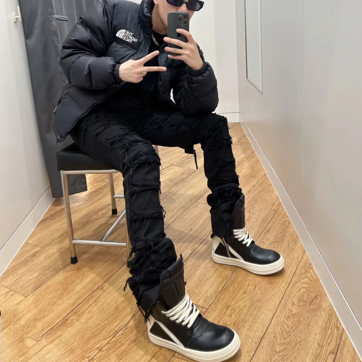 

American Style Men's Black Ripped High Street Denim Jeans Low Waist Long Pants Bell Bottoms Sport Scene Micro Stretch Water Wash
