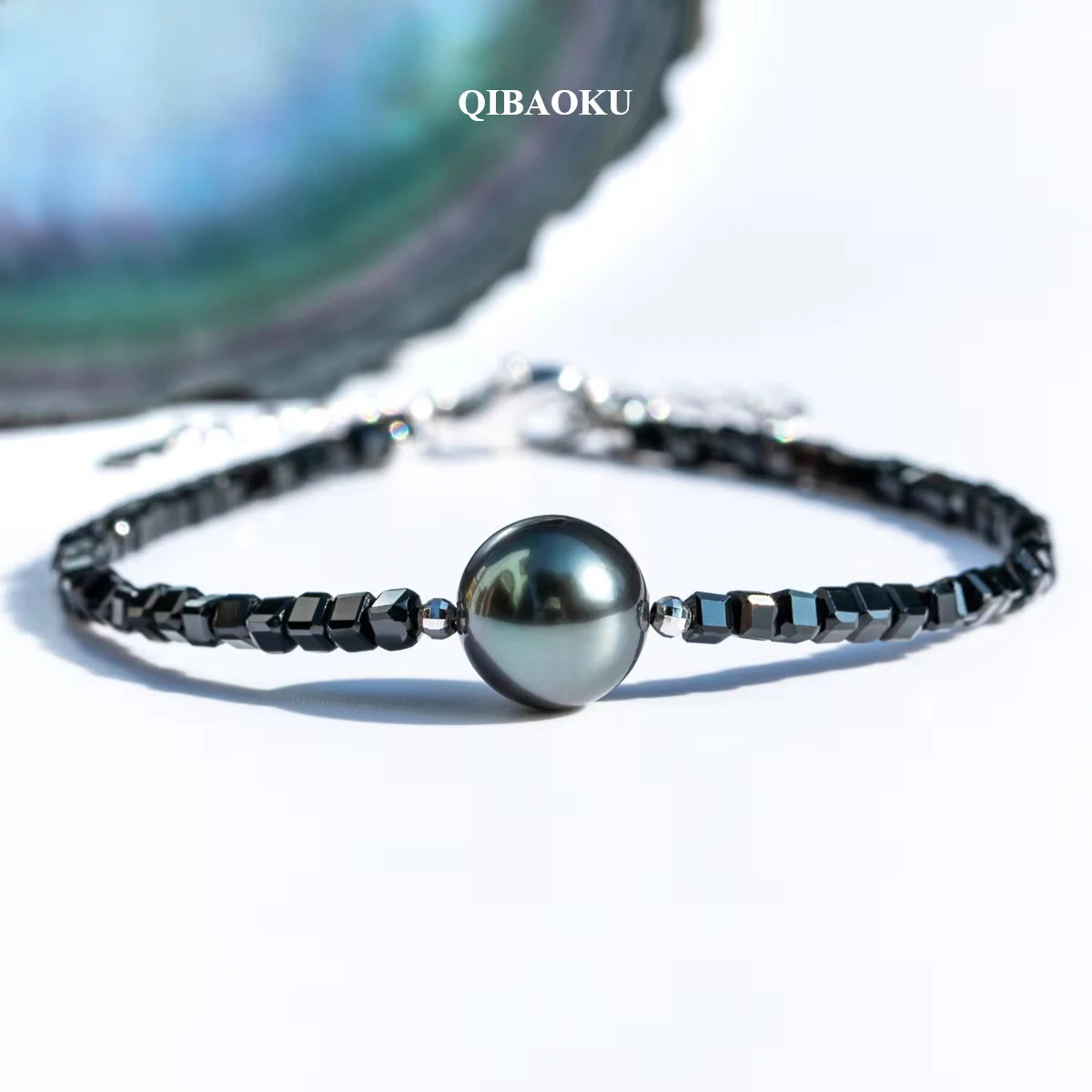 QIBAOKU 9-10mm Tahitian Black Pearl Bracelet S925 Sterling Sliver 15+5CM Black Crystal Bead Bracelet for Women Jewelry Gift 2026
