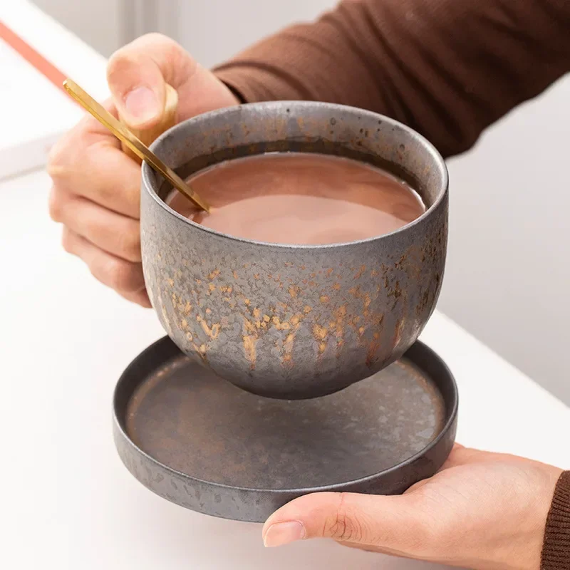 Japanese-style Ceramic Coffee Mug Large Capacity 600ml Coffee Tea Cup Rust Glaze Rough Pottery Water Beer Mug with Wood Handle