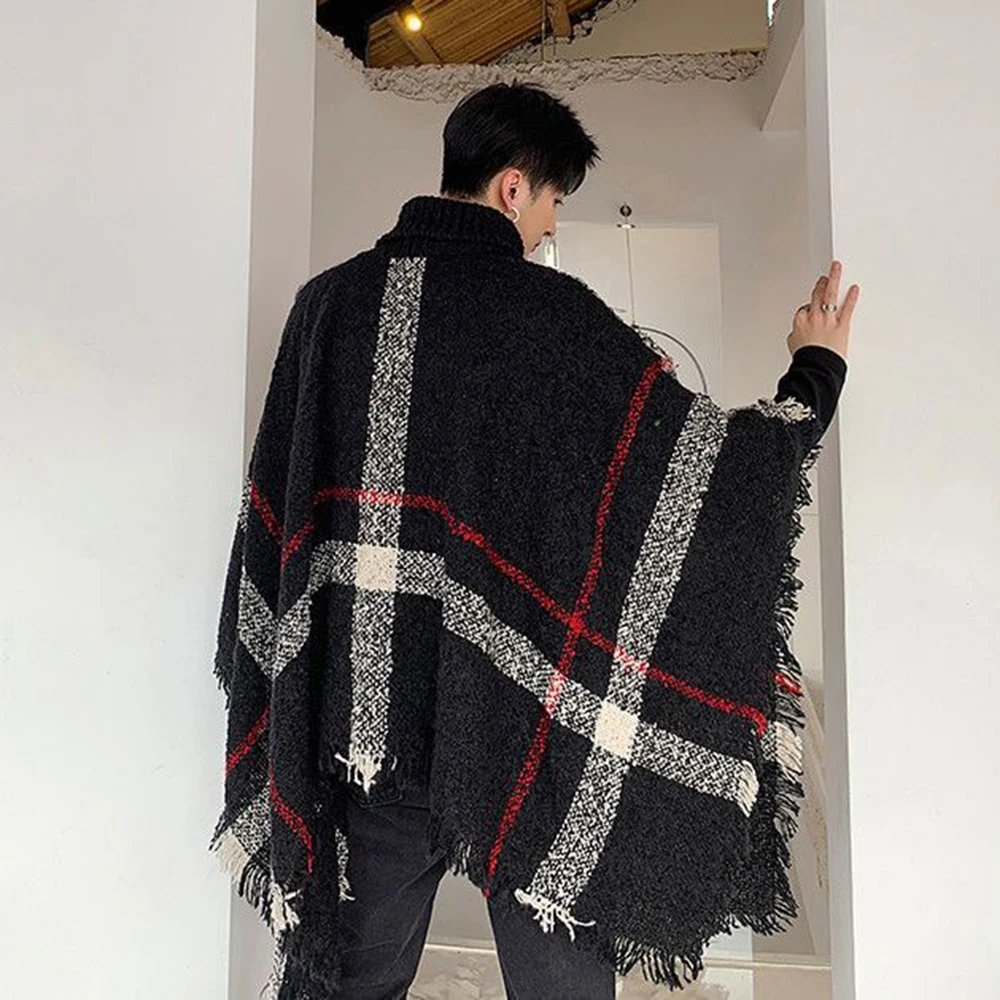 2024 Men\'s Spring Autumn Shawl Lady Knitted Wrap Plaid Pullover Cloak Loose Turtleneck Sweater Fall Winter Poncho Capes