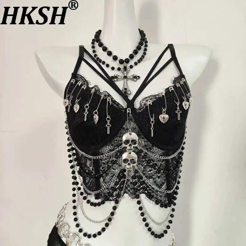 

HKSH Women Camisole Y2K Hot Girl Sexy Lace Edge Needle Chains Vest Nightclub Dark Style Backless Design Stylish Tank Top HK23974