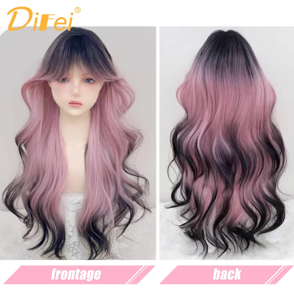 Pink Gradient Black Long Curly Synthetic Wig Fresh And Sweet Everyday Layered Big Waves Gradient Long Curly Hair Wig