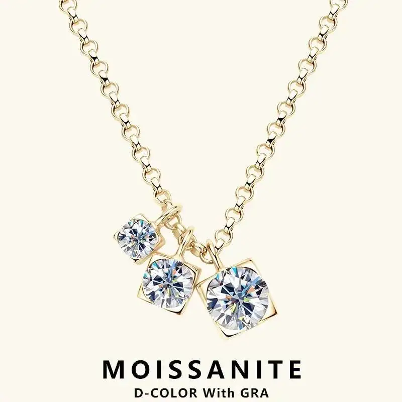 

Three Stone Moissanite Pendant Necklace For Women 925 Sterling Silver Chain Collar Luxury Fine Jewelry Gift