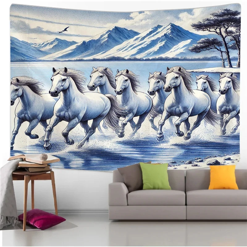 VIKAMA Lucky White Horses Tapestry, 8 Galloping Horses in Water with Scenery Wall Cloth for Home, Living Room & Feng Shui Decor